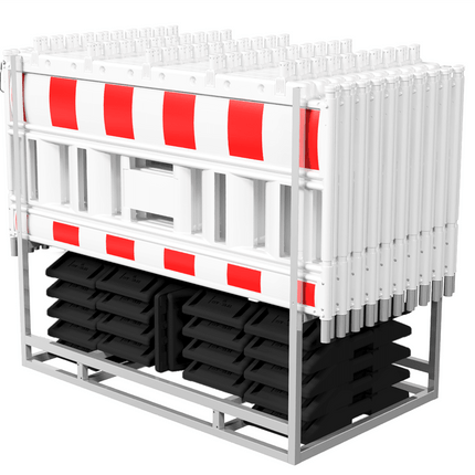 Absperrschrankengitter SET mit Füßen und Transportgestell BilligerBauzaun. mit rot/weißer RA1 Folie Weiß 