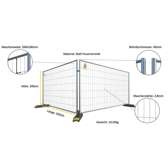 Paket: 15 x Bauzaun Feueverzinkt mit Füßen & Schellen Bauzaun Feuerverzinkt BilligerBauzaun 