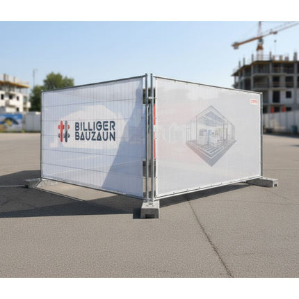 Bauzaun Dreiecksystem für Banner & Planen – standfeste Bauzaun-Aufstellung für Werbung Bauzaun BilligerBauzaun 