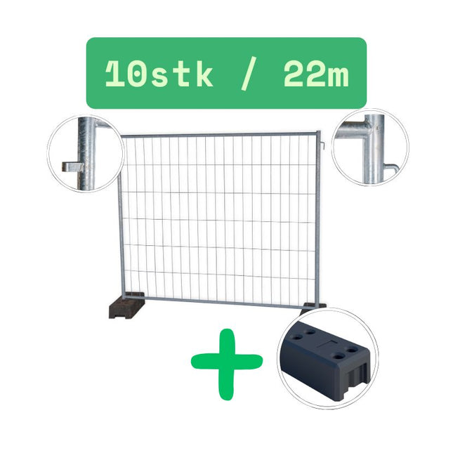 Bauzaun kurz 220x200cm | Mobilzaun | 22m | 10 Elemente | Neu| Gummi Fuß 26kg Bauzaun Set BilligerBauzaun. 